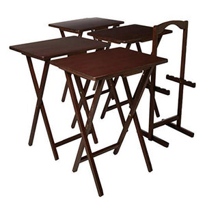 PJ Wood Folding TV Tray Tables with Compact Storage Rack, Walnut, 5 Piece Set - TRAPSKI