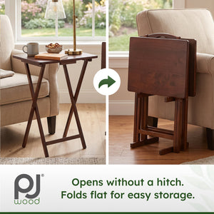 PJ Wood Folding TV Tray Tables with Compact Storage Rack, Walnut, 5 Piece Set
