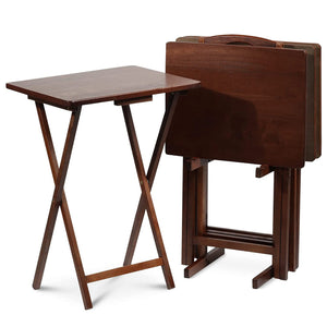 PJ Wood Folding TV Tray Tables with Compact Storage Rack, Walnut, 5 Piece Set