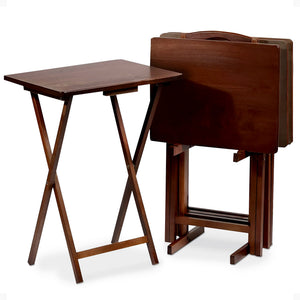 PJ Wood Folding TV Tray Tables with Compact Storage Rack, Walnut, 5 Piece Set - TRAPSKI