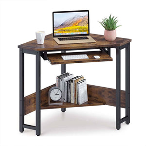 ODK Corner Triangle Computer Desk w/ Storage Space & Keyboard Tray, Rustic Brown - TRAPSKI