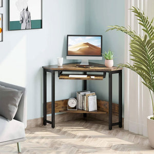 ODK Corner Triangle Computer Desk w/ Storage Space & Keyboard Tray, Rustic Brown - TRAPSKI