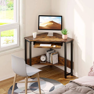 ODK Corner Triangle Computer Desk w/ Storage Space & Keyboard Tray, Rustic Brown - TRAPSKI