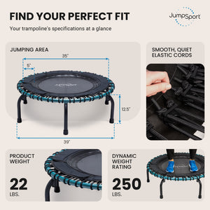 JumpSport 250 Workout Rebounder for Adults, 39" Mini Fitness Trampoline, Teal