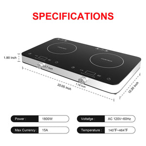 COOKTRON 1800W 120V Portable Double Burner Electric Induction Cooktop w/Knobs