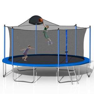 14Ft Trampoline For Adults & Kids With Basketball Hoop, Outdoor Trampolines With Ladder And Safety Enclosure Net For Kids And Adults - Blue
