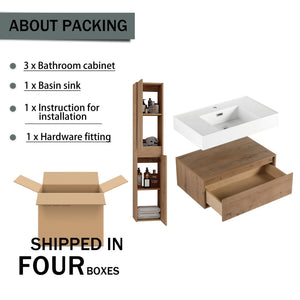 Modern Wall Mounted 30 Inch Bathroom Vanity With Resin Sink And 2 Side Cabinet In Imitative - Imitative Oak