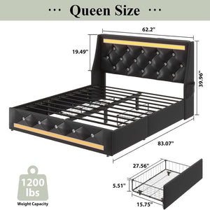 Wingback Upholstered Bed Frame With LED Lights, Charging Station