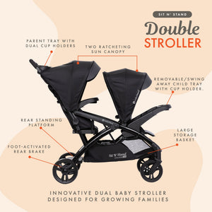 Baby Trend Sit N' Stand Double Stroller 2.0 DLX w/5 Point Safety Harness, Stormy - TRAPSKI