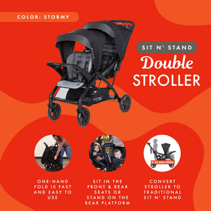 Baby Trend Sit N' Stand Double Stroller 2.0 DLX w/5 Point Safety Harness, Stormy - TRAPSKI