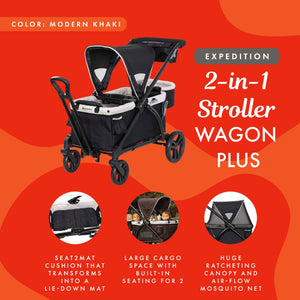 Baby Trend Expedition 2-in-1 Stroller Wagon PLUS w/Canopy & Basket, Modern Khaki