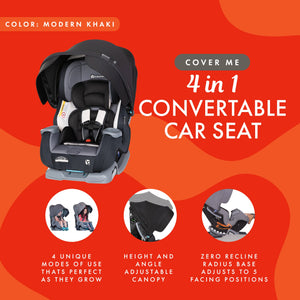 Baby Trend Cover Me 4 in 1 Convertible Car Seat with Adjustable Canopy, Black