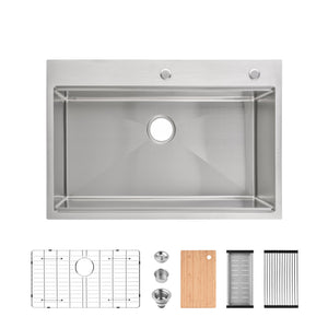 Stainless Steel Kitchen Sink, 33"x22" Single Bowl, Overmount Handmade Sink in Brushed