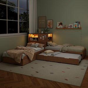 L-Shaped Bed Frame With Trundle, Built In Desk & LED Lighting
