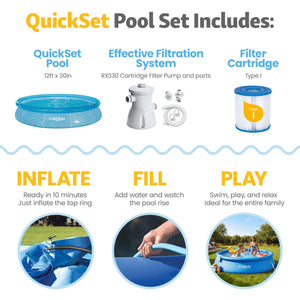 Funsicle 12'x30" Sea-Thru QuickSet Inflatable Ring Top Outdoor Above Ground Pool