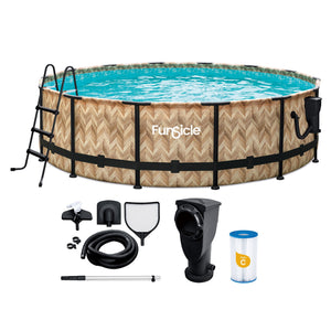 Funsicle 14' x 42" Oasis Round Outdoor Above Ground Swim Pool, Oak Herringbone