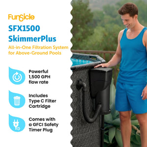 Funsicle 1500 Gallon SkimmerPlus Filter Pump System for Above Ground Pool, Black