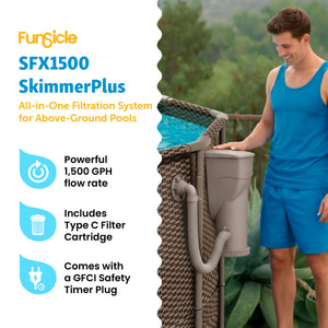 Funsicle 1500 Gallon SkimmerPlus Filter Pump System for Above Ground Pool, Gray