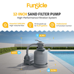 Funsicle 12 Inch Sand Filter Pump for Above Ground Pools, 1600 GPH Flow Rate