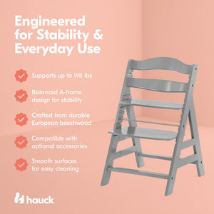 hauck Alpha+ Grow Along Adjustable Wooden Baby High Chair Seat, Beechwood, Grey