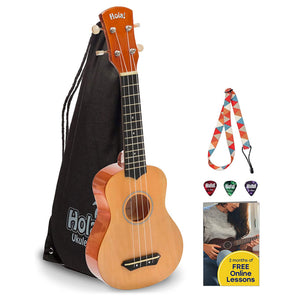 Hola! Music Color Series Soprano Ukulele with Tote Bag, Strap, & Picks, Natural - TRAPSKI