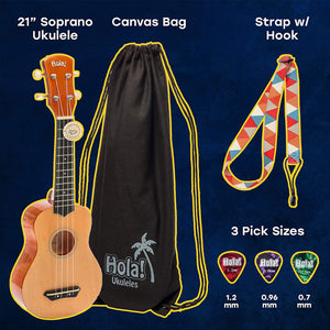 Hola! Music Color Series Soprano Ukulele with Tote Bag, Strap, & Picks, Natural - TRAPSKI