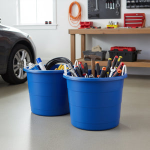 Homz 18 Gal Plastic Open Storage Round Utility Tub with Handles, Blue (2 Pack)