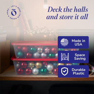 Homz 41Qt Clear Plastic Holiday Storage Container with Red Snap Lock Lid, 2 Pk