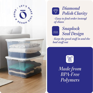 HOMZ 56qt Snaplock Clear Plastic Storage Container Bin with Secure Lid, 2 Pack