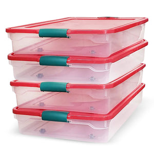 HOMZ 60 Quart Latching Holiday Underbed Storage Container Box, Clear (4 Pack)
