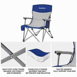 KingCamp Padded Outdoor Camping Lounge Chair with Cupholder & Pocket, Blue/Grey