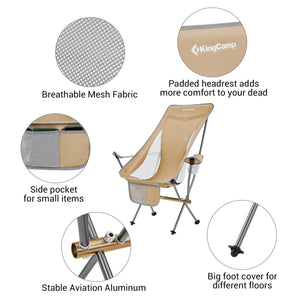 KingCamp Lightweight Highback Camp Lounge Chair with Cupholder & Pocket, Khaki