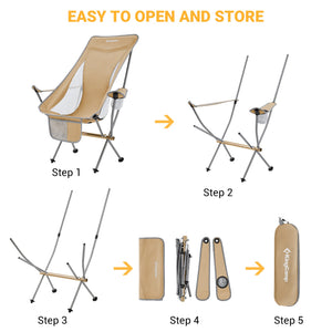 KingCamp Lightweight Highback Camp Lounge Chair with Cupholder & Pocket, Khaki