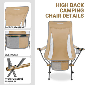 KingCamp Lightweight Highback Camp Lounge Chair with Cupholder & Pocket, Khaki