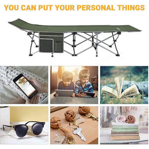 KingCamp Folding Portable Outdoor Camping Cot w/ Multi Layer Side Pocket, Green