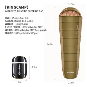 KingCamp Ultralight Warm 3 Season Sleeping Bag w/Compact Compression Sack, Olive