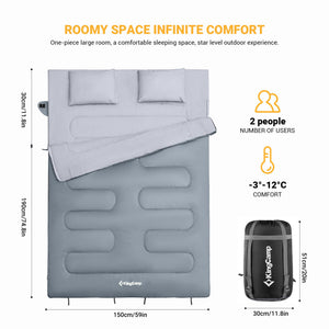 KingCamp 87x59" 2 Person 20 Degree Family Couple Sleeping Bag w/2 Pillows, Grey