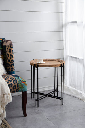 Round Side Table With Wood Top, End Table For Living Room Bedroom - Black Brown