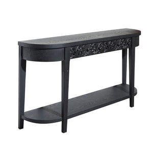 59.2in Black Carved Wooden Console Table with Lower Storage Shelf and Drawers