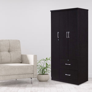 Hodedah Import 3 Door Armoire with Clothing Rod, Shelves, and 2 Drawers, Black