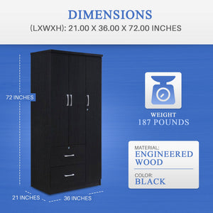 Hodedah Import 3 Door Armoire with Clothing Rod, Shelves, and 2 Drawers, Black