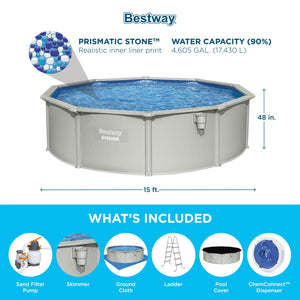 Bestway Hydrium 15' x 48" Round Steel Wall Above Ground Swimming Pool Set, Gray