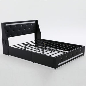 Wingback Upholstered Bed Frame With LED Lights, Charging Station