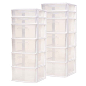 Homz Plastic 6 Clear Drawer Medium Home Storage Container Tower, White (2 Pack)