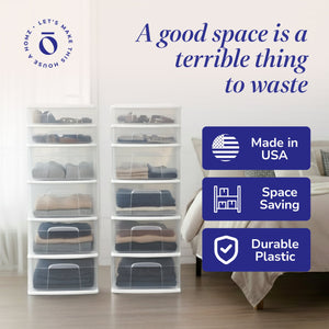 Homz Plastic 6 Clear Drawer Medium Home Storage Container Tower, White (2 Pack)