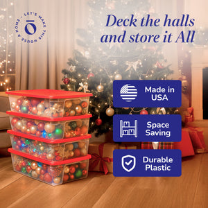 Homz 41Qt Clear Plastic Holiday Storage Container w/Red Snap Lock Lid (4 Pack)