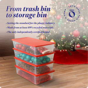 Homz 41Qt Clear Plastic Holiday Storage Container w/Red Snap Lock Lid (4 Pack)