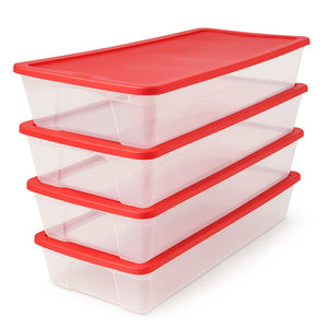 Homz 41Qt Clear Plastic Holiday Storage Container w/Red Snap Lock Lid (4 Pack)