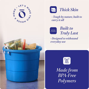 Homz 18 Gal Plastic Open Storage Round Utility Tub with Handles, Blue (4 Pack)