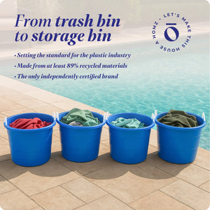 Homz 18 Gal Plastic Open Storage Round Utility Tub with Handles, Blue (4 Pack)